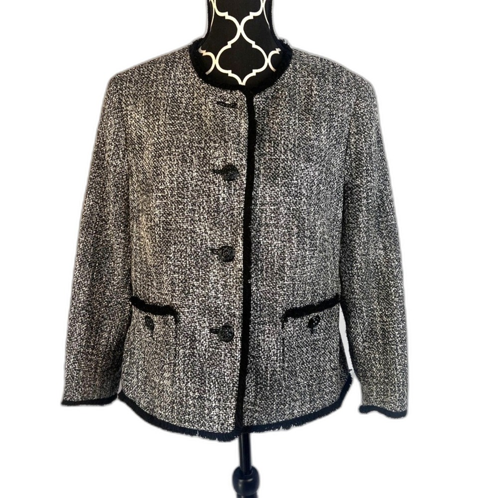 Anne Klein Tweed Single Breasted Blazer Size 12 Black Fringe Trim